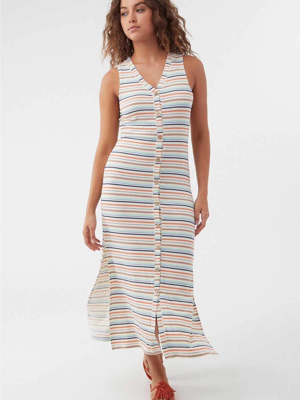 O'Neill Striped Button-Front Maxi Dress in Cream, Blue, Tan, Pink